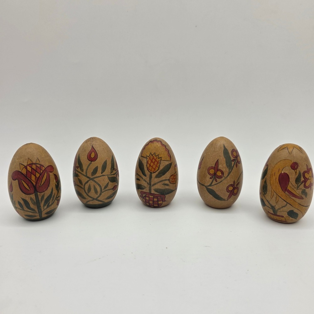 Vintage Folk Art Hand Painted Wooden Easter Eggs Floral Bird Set of 5 2.5"